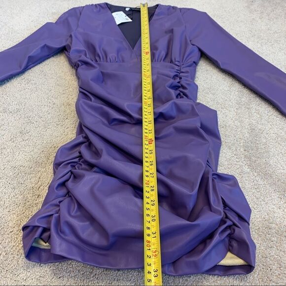 Zara purple faux leather long sleeve V-neck ruched mini dress Sz M NWT - Picture 12 of 13